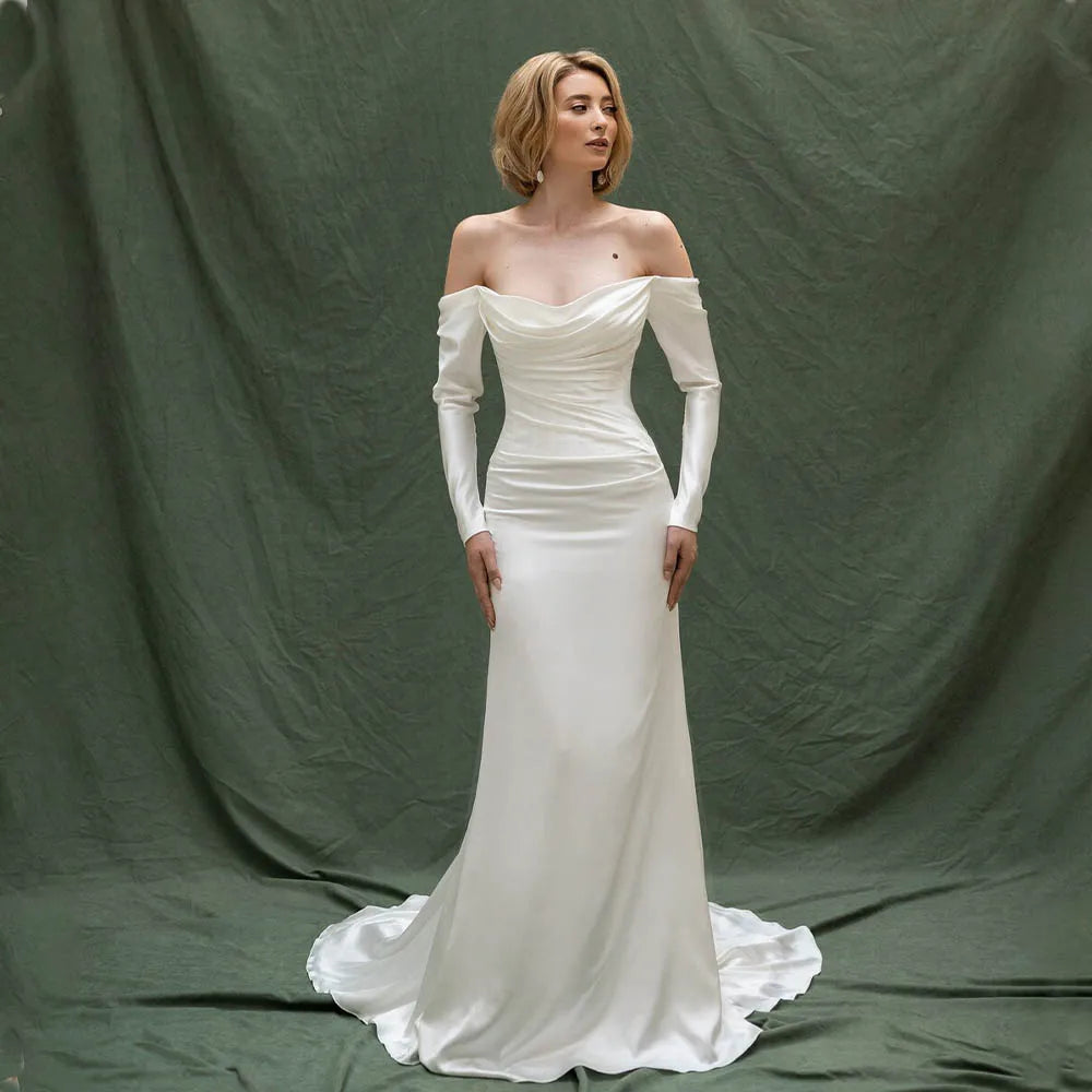 Modern Long Sleeves Pleat Satin Mermaid Wedding Dresses Sweep Train Custom Made 2024 Vestido De Noival