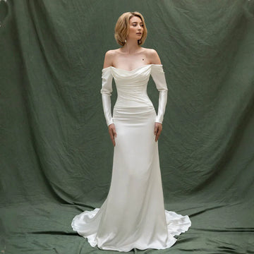 Modern Long Sleeves Pleat Satin Mermaid Wedding Dresses Sweep Train Custom Made 2024 Vestido De Noival