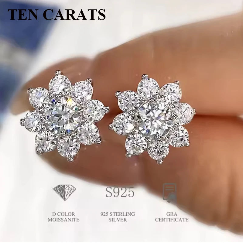 TEN CARATS Luxury Moissanite Stud Earrings For Women Sparkling Brilliant Cut S925 Silver Jewelry Elegant Gift Party Wedding