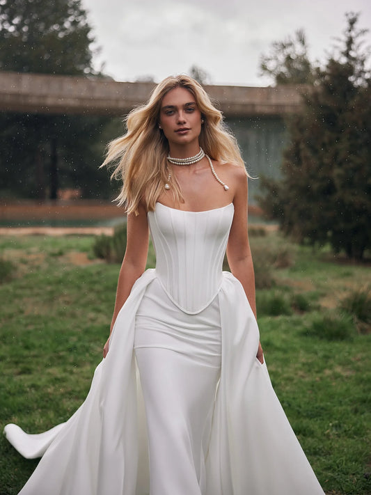 Modern Two-Piece Satin Wedding Dress - Detachable Long Train & Corset Top Bridal Gown