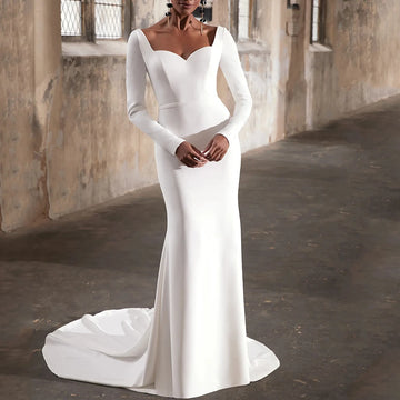 Simple Wedding Dress Crepe Floor-Length V-Neck Bridal Open Back with Belt and Buttons Mermaid Long Sleeve Customized Gowns