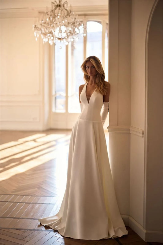 Chic V-neck Satin A Line Wedding Dresses Backless  Custom Made 2026 Rode De Morrie
