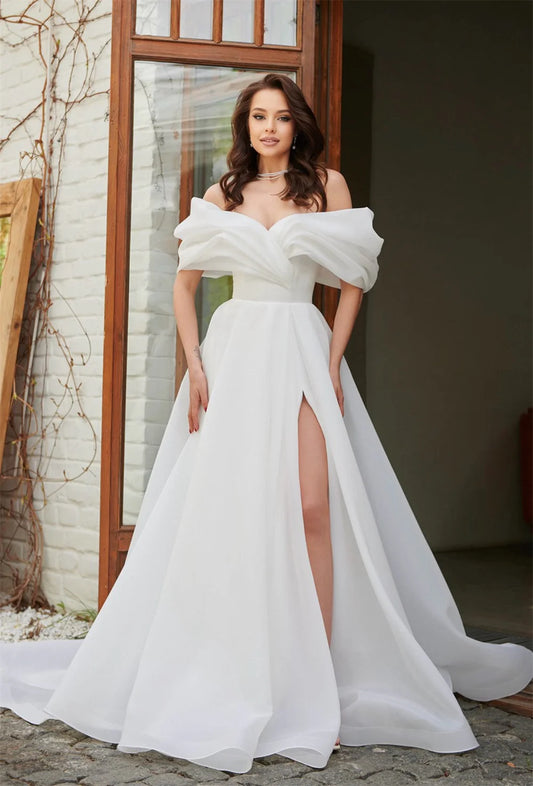 Modern Pleat Off The Shoulder Organza A Line Wedding Dresses Side Slit Bridal Grown 2026 Vestido De Noival