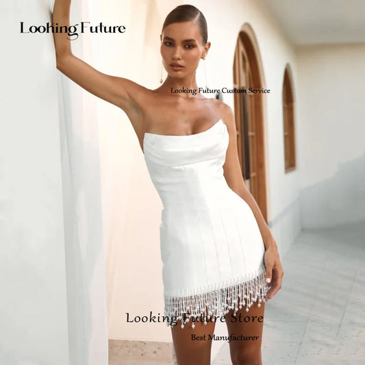 Elegant White Satin Short Wedding Dress Pleat Pearls Tassel Mini Bride Dress Sexy Backless Strapless Sleeveless Gown Customized