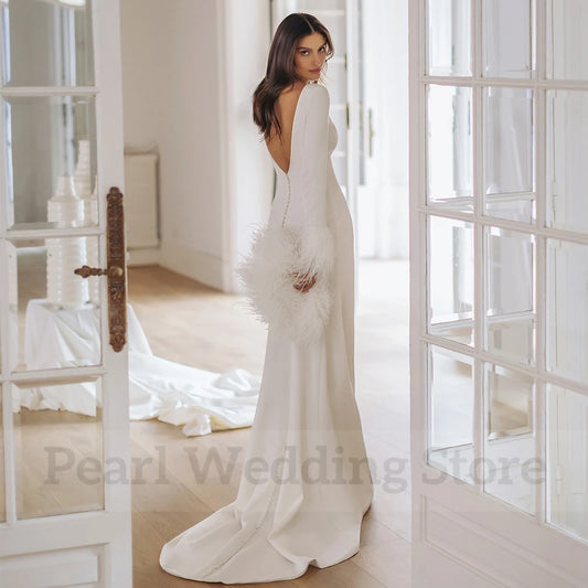 Scoop Neck Mermaid Wedding Dress Long Sleeves with Feathers Sexy Side Slit Floor Length Open Back Bridal Sheath Custom Made Gown