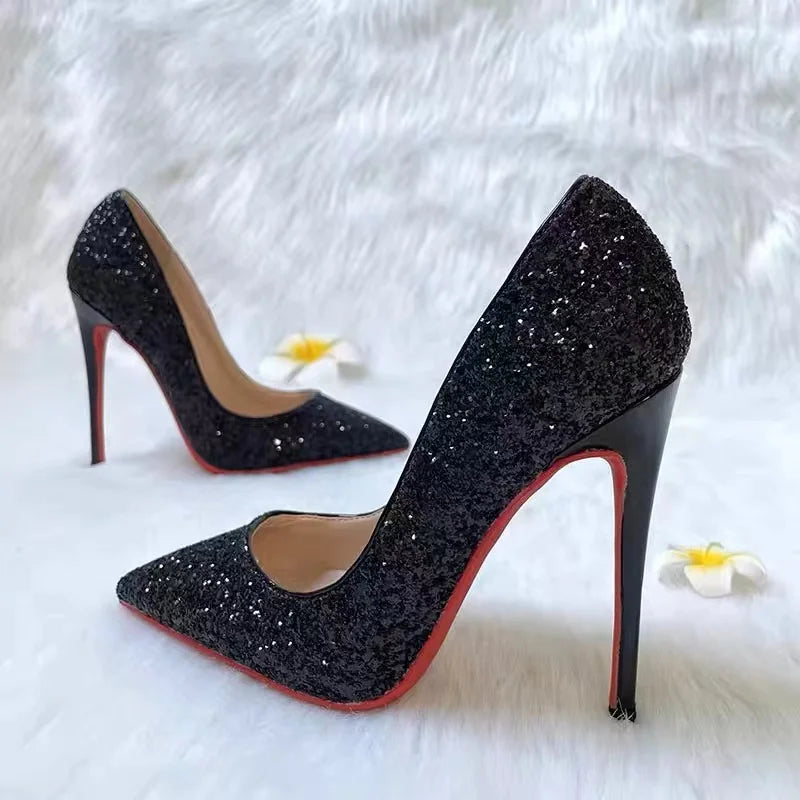 9cm Super High Heels Shoes 2025 Sequin Black Sexy Red Sole Pointed Thin Single stiletto heel shoes