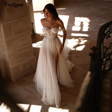 Toofgon Dotted Soft Tulle Boho Wedding Dresses Off The Shoulder Lace Up Slit Women Party Wedding Gowns Bridal Dress Customized