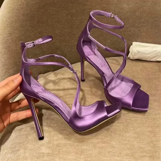 Luxury Satin Designer Women Pumps Sexy Cross Strap Square Toe Heeled Sandals Elegant Purple Thin High Heels Party Dress Shoes