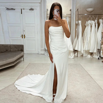 Simple Mermaid Wedding Dresses Strapless Pleat Long Bride Dress Lace Up Side Split Sexy Dress For Women 2024 Robe De Mariée