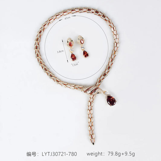 European and American Retro Elegant Red Snake-Shaped Necklace and Earrings Set Inlaid with 5A Zircon - High-Quality Fashion Jewe