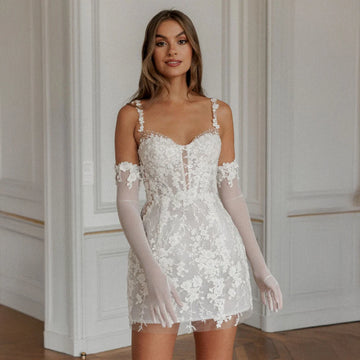 Customized Spaghetti Straps Mini Wedding Dress Applique Lace Short Bridal Dress Gorgeous Gown for Bride Elegant Party Attire