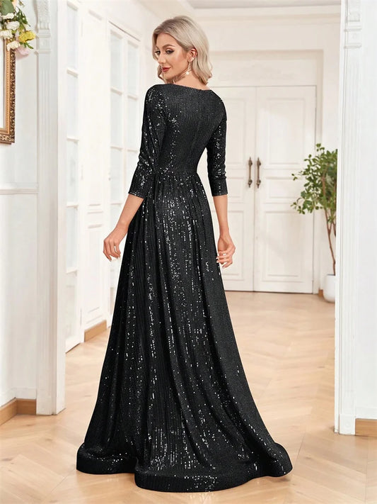 Luxury V Neck Long Sleeves Blue Sequins Formal Evening Dress Women 2025 Wedding Party Prom Maxi Cocktail Dress Gowns