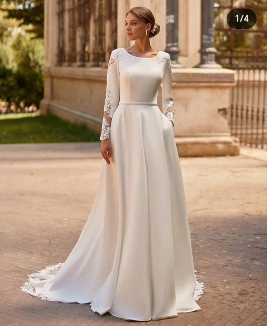 2025 Women Wedding Dress Customize To Measures Long Sleeves Buttons Elegant Robe De Marie Stunning With Pocket Lace Appliqués