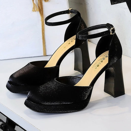 Satin Platform Mary Jane Shoes Women Hollow Ankle Strap Square Toe High Heels Dress Shoes Ladies Elegant Sandals Women Pumps