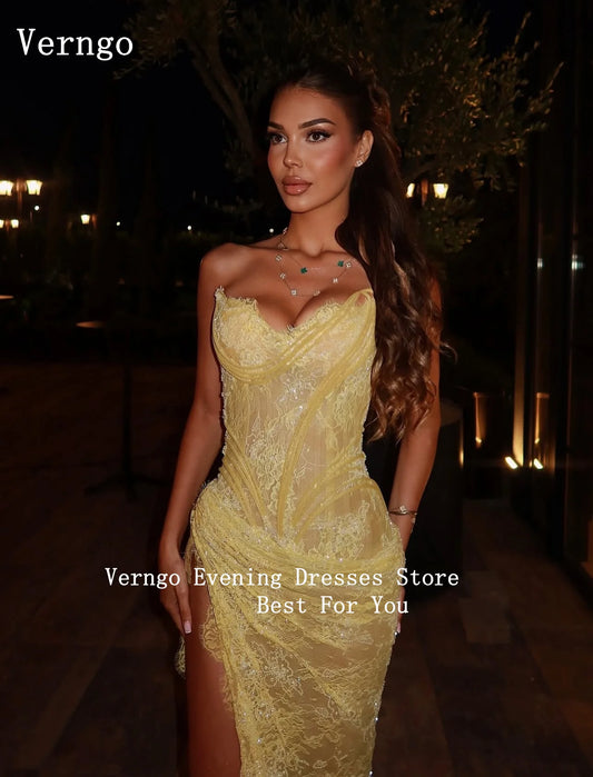 Verngo Yellow Lace Evening Dress Sweetheart Sexy Mermaid Prom Gowns Lace Up Long Formal Occasion Dresses Customized