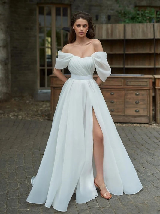 Charming Off The Shoulder Pleat Organza A Line Bridal Grown Wedding Dresses Side Slit Custom Made 2026 Vestido De Noival