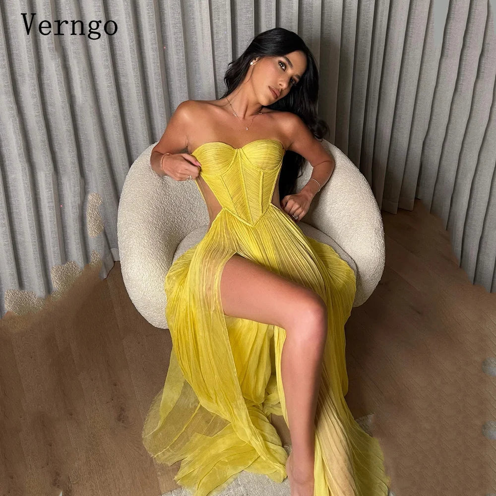 Verngo Yellow Chiffon Evening Dress Sweetheart A Line Sexy Prom Gowns Side Slit Prom Party Dresses Customized