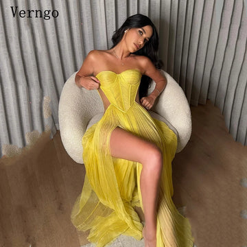 Verngo Yellow Chiffon Evening Dress Sweetheart A Line Sexy Prom Gowns Side Slit Prom Party Dresses Customized