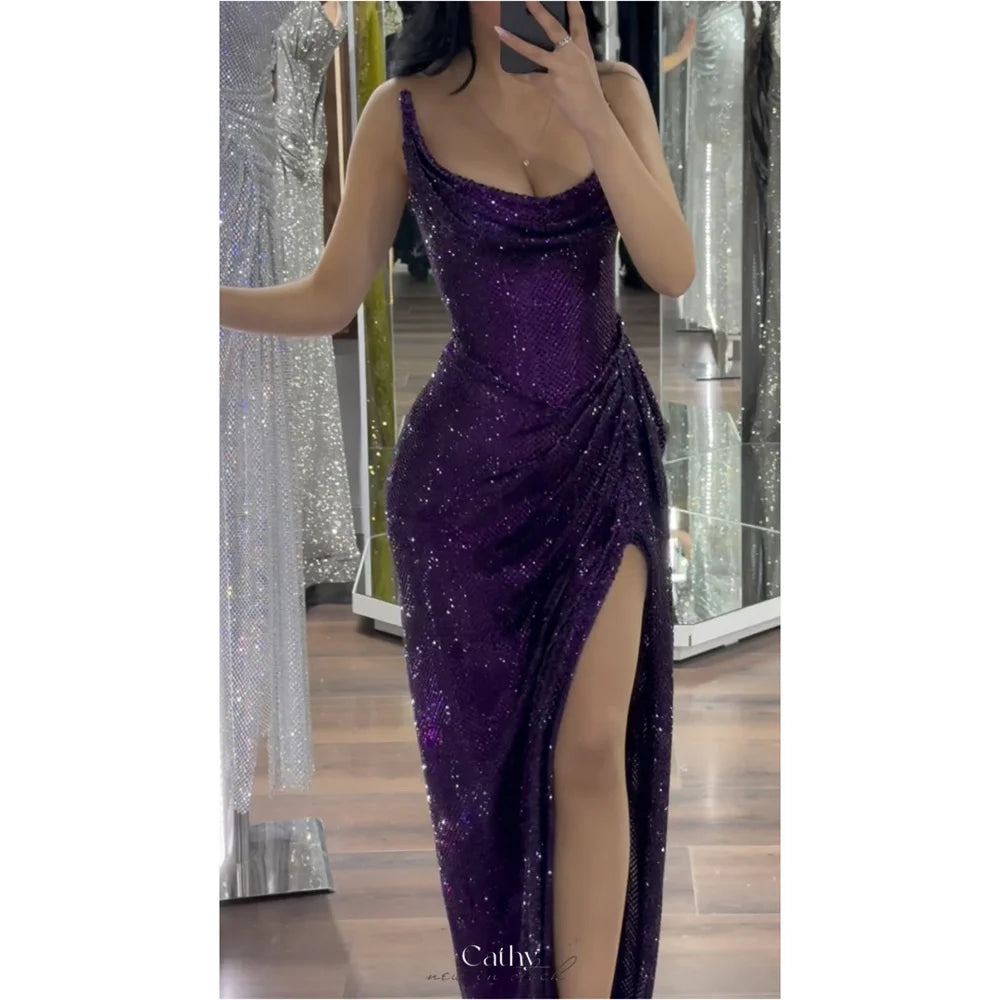 Cathy Customized Purple Strapless Side High Split Prom Dresses Glitter Sheath vestidos de noiva Draped Sleeveless Formal Evening