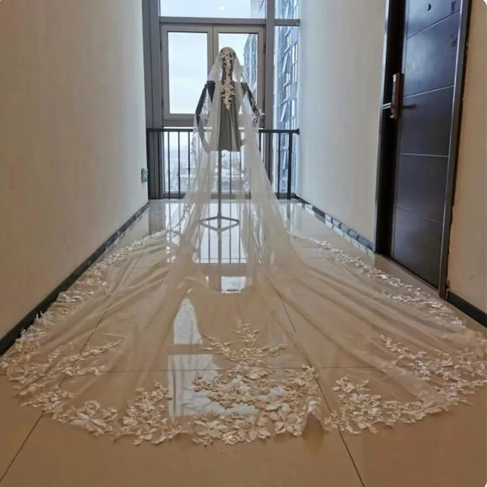 white ivory 3m 4m 5m One Layer Wedding Veil All Lace Appliqued Edge Bridal Veils Cathedral  Wedding Accessorie