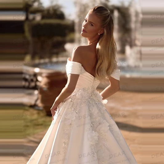 Luxury Sexy Satin Wedding Dresses A Line Women's Bride Gowns Flowers Sleeveless Sweep Train Backless Vestido De Novia Customized