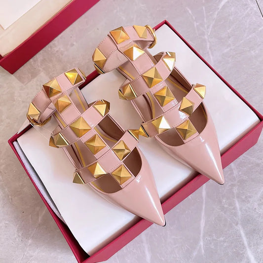 Rivet pointed flat sandals fashion 2025 new rivet low heel shoes women's pointed thin high-heeled sandals sexy