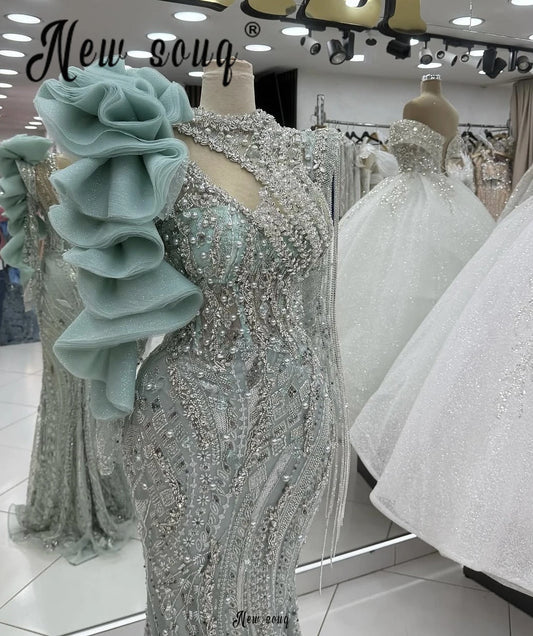 Hot Sale Mint Green Ruffles Sheath Prom Evening Dress Deep With Long Sleeve Tassels Wedding Party Gowns Vestidos Customized