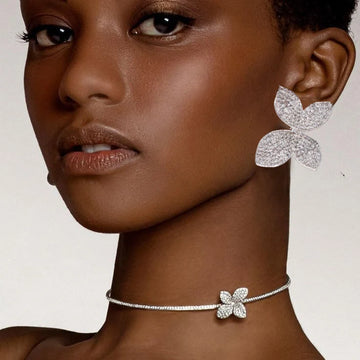 4 Piece Set Butterfly Flower Collar Necklace Earring Ring Set Full Rhinestone Women Bridal Open Choker for Wedding Jewelry Sets