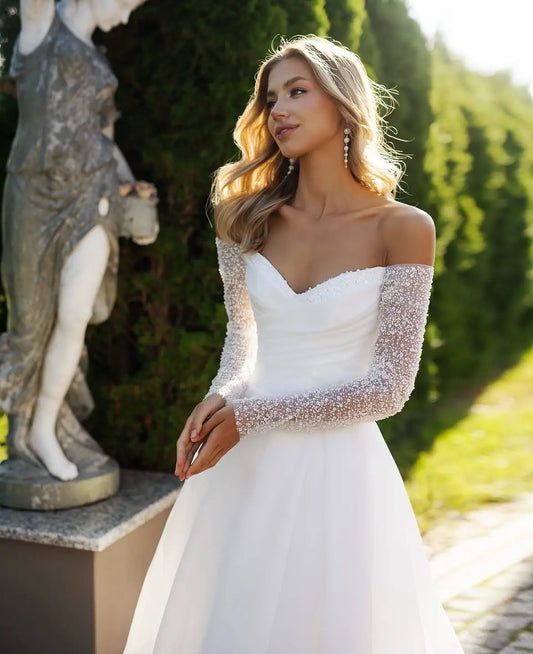 Shiny Beades Sequined Long Sleeves Pleat Sweetahrt Organza A Line Wedding Dresses Corset Back Bridal Grown 2026 Rode De Morrie