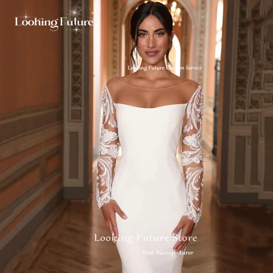 Boho Lace Appliques Mermaid Wedding Dresses Sexy Open Back Button Bridal Gown Pleat Long Sleeves Sweep Train Vestido Customized