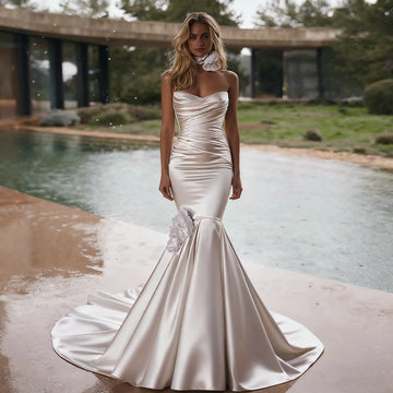 Cusomize To Measures Mermaid Wedding Dress Satin Pleat 2025 Sleeveless For Women Stunning Simple Bridal Gowns Court train Civil
