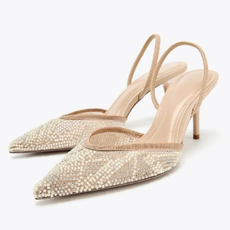 Luxury String Bead Design Brand High Heels Women Fashion Pointy Toe Slingback High Heeled Sandals Elegant Wedding Bridal Shoes