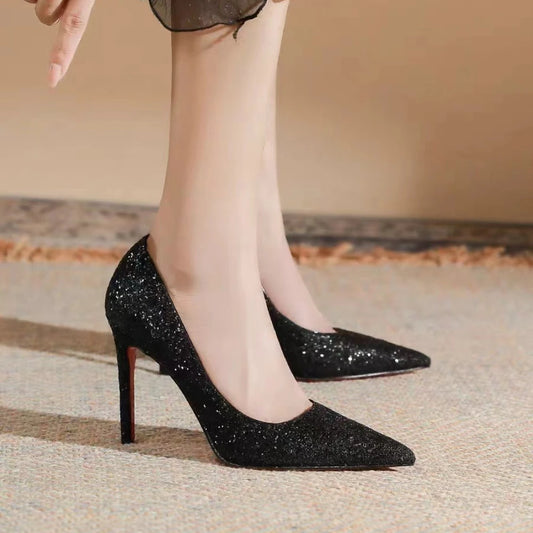 Sexy Black High Heels for Women Stiletto Pointed Black High Heels Shiny Pumps 2025 Spring/autumn Fashion Elegant Women's Shoes