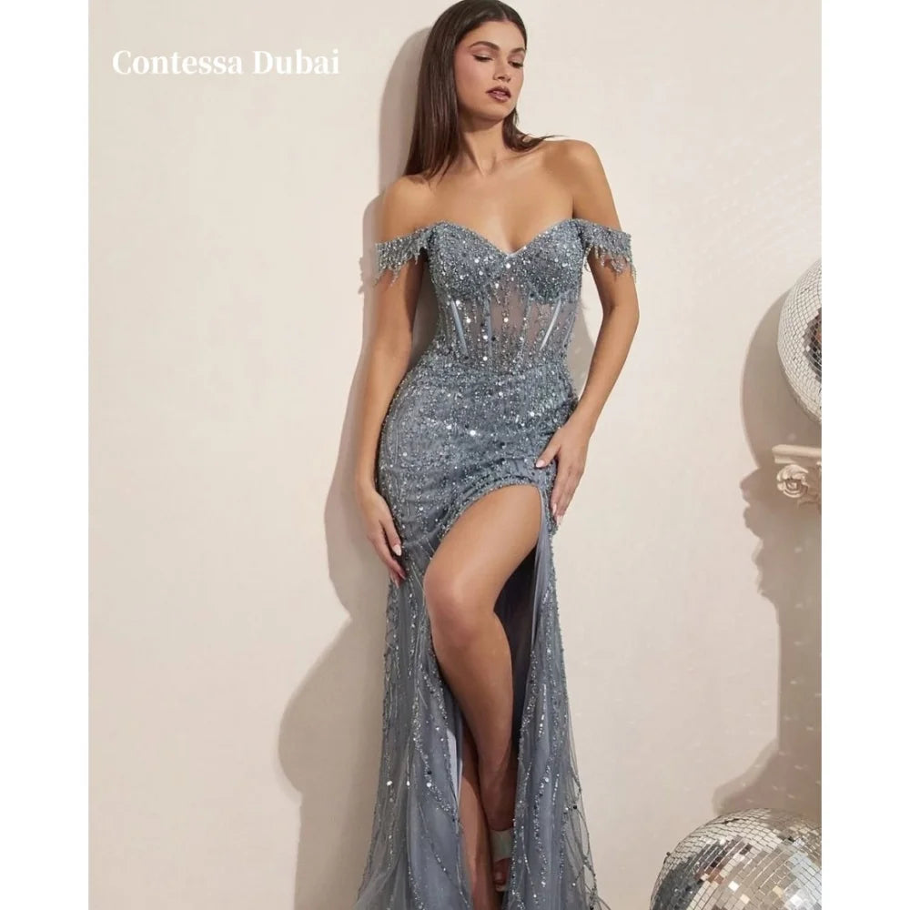 Contessa Dubai Sequin Off Shoulder Side High Split Prom Dresses Mermaid Customized فساتين سهرات Court Train Evening Dress 2025