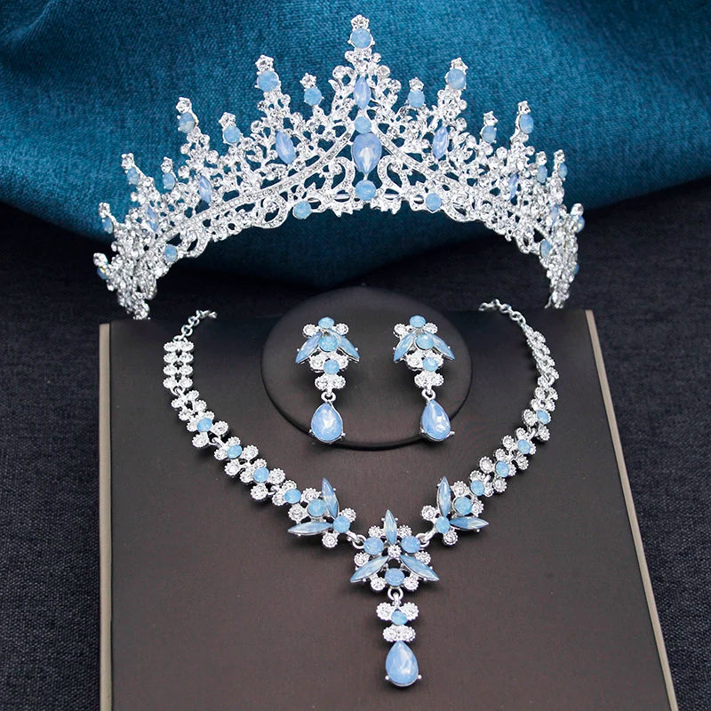 Silver Color Opal Blue Wedding Crown Jewelry sets for Women Tiaras and Earrings necklace set Princess Girls Prom Gifts Accessory