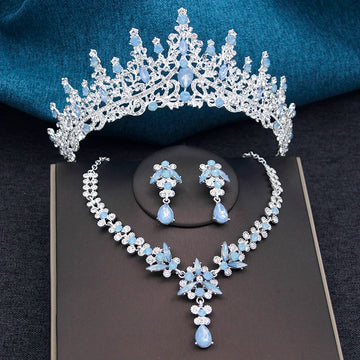 Silver Color Opal Blue Wedding Crown Jewelry sets for Women Tiaras and Earrings necklace set Princess Girls Prom Gifts Accessory