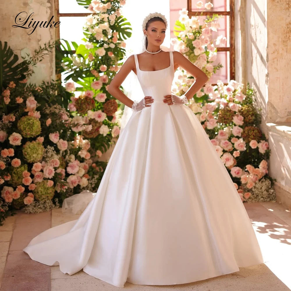 Liyuke Custom Made Elegant Satin A-Line Wedding Dresses Spaghetti Straps Sleeveless Floor-Length Bride Gowns