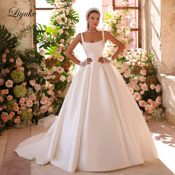 Liyuke Custom Made Elegant Satin A-Line Wedding Dresses Spaghetti Straps Sleeveless Floor-Length Bride Gowns