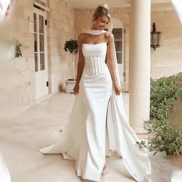 Charming Scoop Neckline Pleat Satin Sheath/Mermaid Wedding Dresses Side Slit Detachble Train With Long Scalf Custom Made 2026