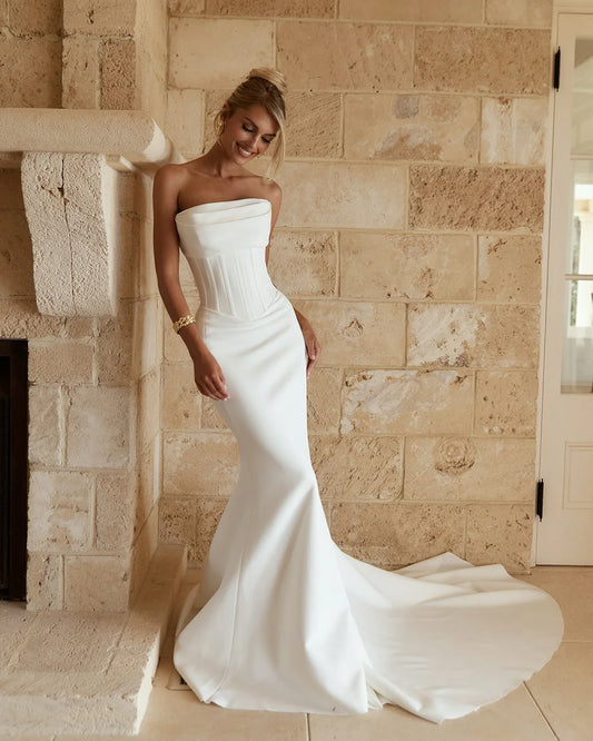 Elegant Mermaid Wedding Dresses Corset Strpaless Floor Length Bridal Dress Simple High Slit Evening Wedding Gowns Customized