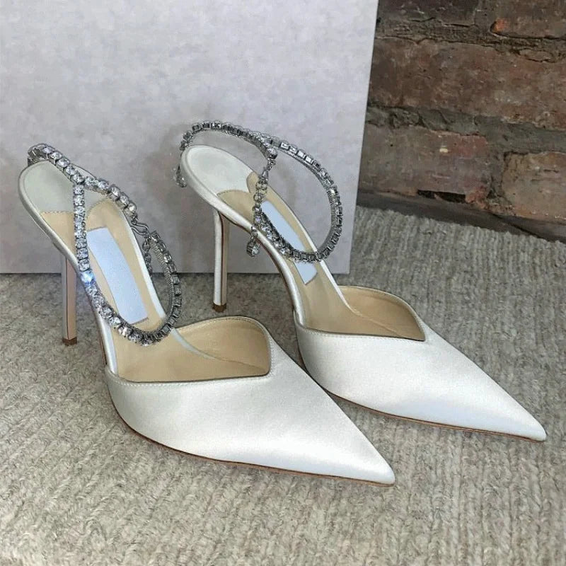 New Design White Satin High Heels Female Rhinestone Pointed Toe Sandals Bridesmaid Bride Wedding Shoes Party Pumps