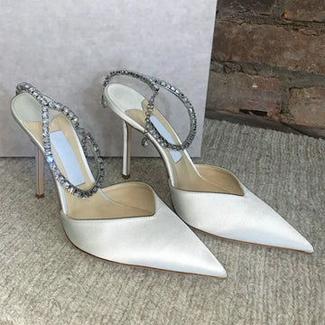 New Design White Satin High Heels Female Rhinestone Pointed Toe Sandals Bridesmaid Bride Wedding Shoes Party Pumps