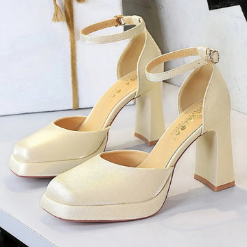 Satin Platform Mary Jane Shoes Women Hollow Ankle Strap Square Toe High Heels Dress Shoes Ladies Elegant Sandals Women Pumps