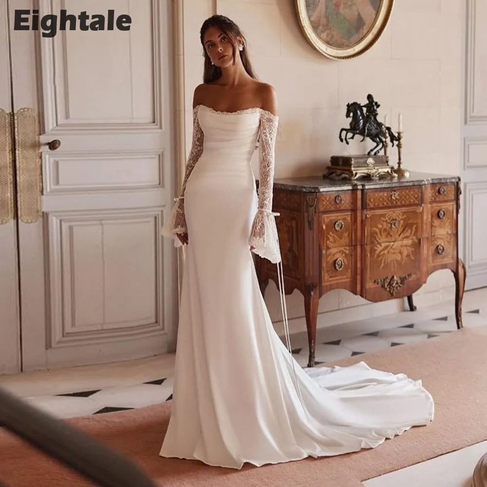 Eightale Boho Arabic Wedding Dress Scoop Lace Customized White Ivory Long Sleeves Mermaid Bridal Gown Robe De Mariée