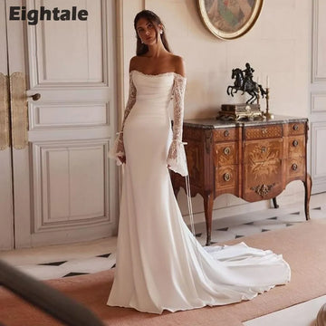 Eightale Boho Arabic Wedding Dress Scoop Lace Customized White Ivory Long Sleeves Mermaid Bridal Gown Robe De Mariée