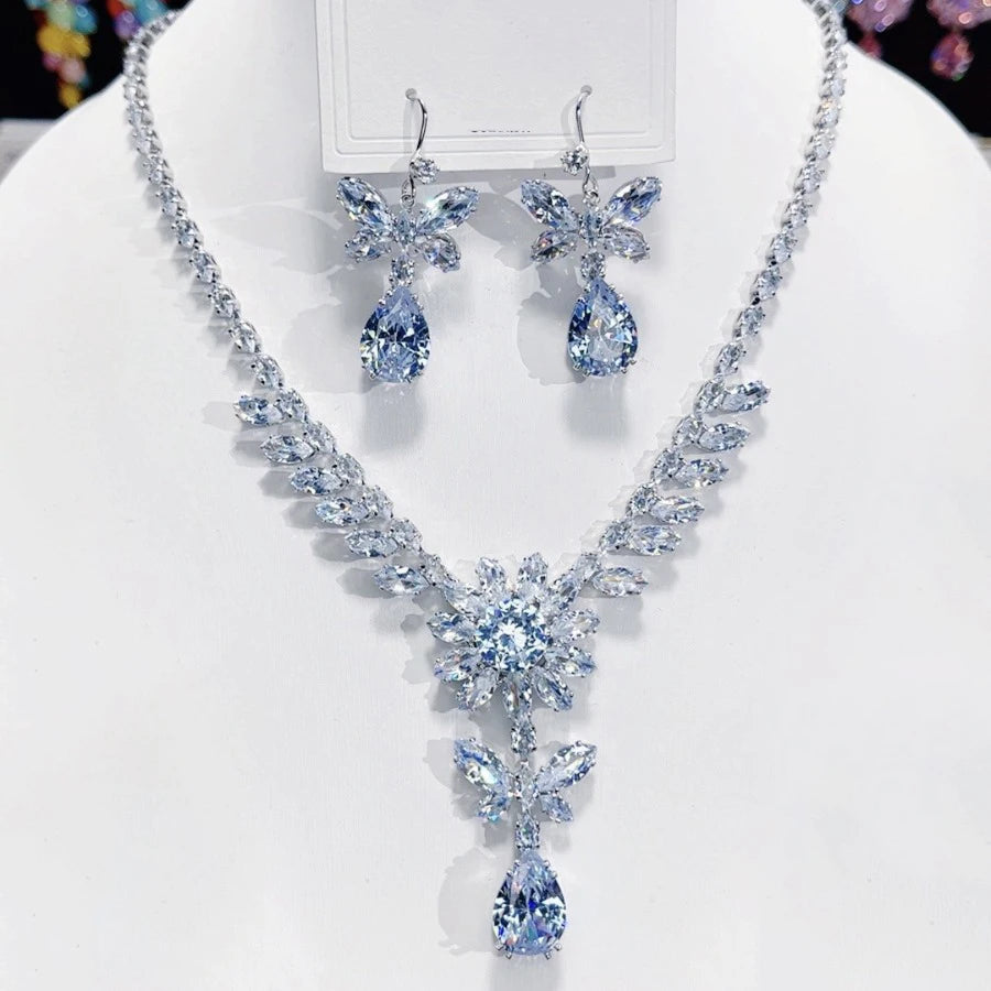3pcs Baroque Light Luxury Cubic Zirconia Jewelry Set Dewdrop Necklace Earrings Plated Stackable Bride's Wedding Jewelry