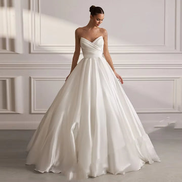 Flavinke Customized Elegant Satin Wedding Dresses 2025 For Woman Bridal A-LINE Rhinestones Pleat Buttons Vestidos Novias Boda