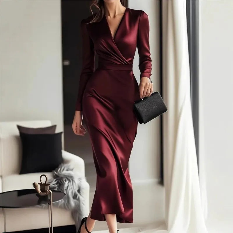 Party Dress Women's New Autumn Black Long-sleeved Deep V-neck Waist Slimming Elegant Folds Dresses For Women Robe Femal Vestidos