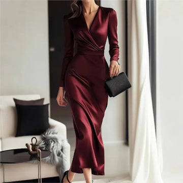 Party Dress Women's New Autumn Black Long-sleeved Deep V-neck Waist Slimming Elegant Folds Dresses For Women Robe Femal Vestidos