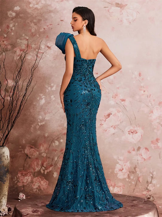 Lucyinlove Luxury Slanted shoulder Sequins Maxi Evening Dresses Waist-cinching mermaid Wedding Party Night Elegant Cocktail Gown